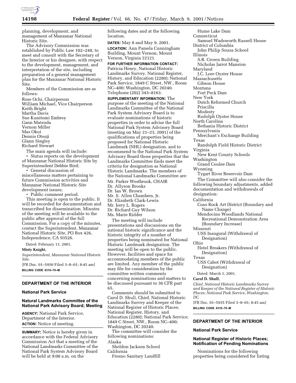 Federal Register/Vol. 66, No. 47/Friday, March 9, 2001/Notices