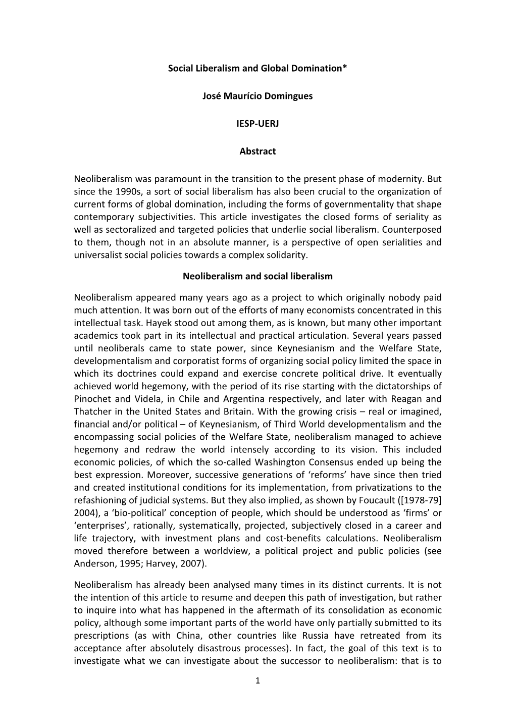 Social Liberalism and Global Domination* José Maurício