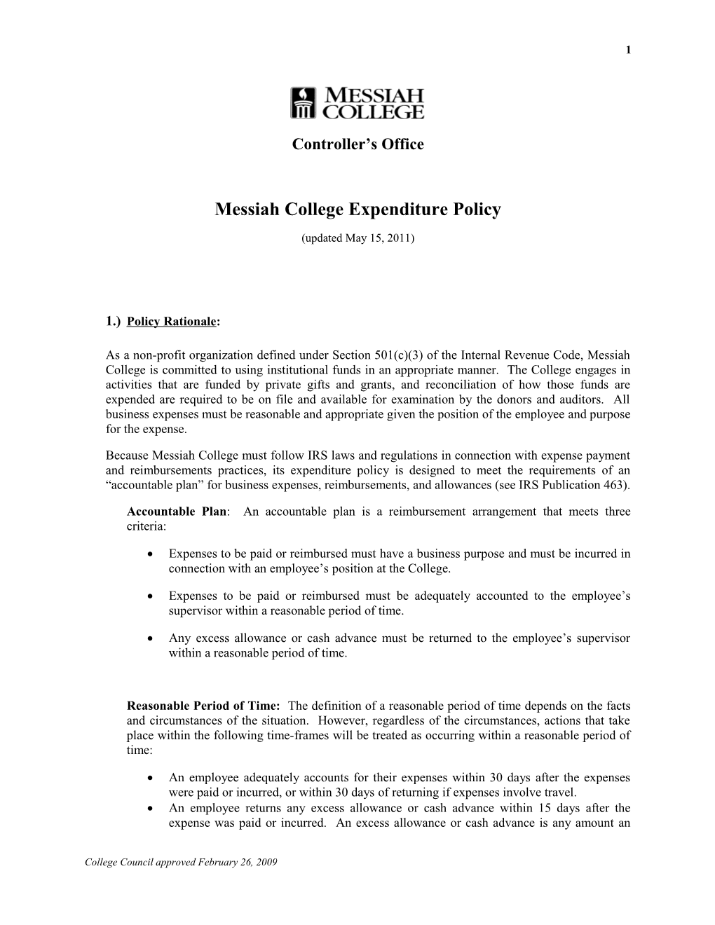 Messiah College Expenditure Policy 15