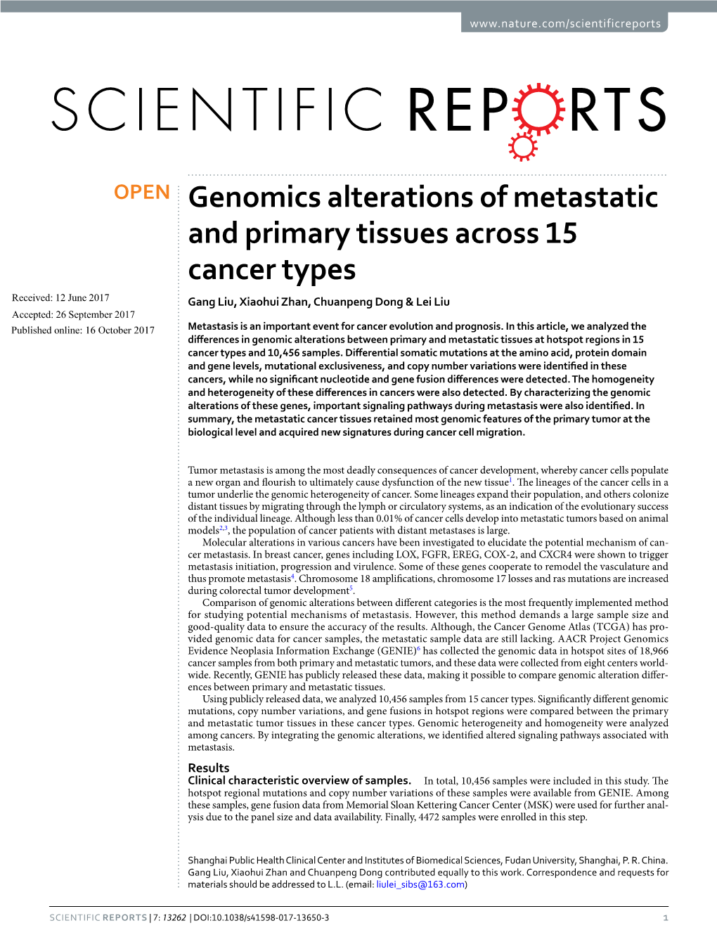 Genomics Alterations of Metastatic and Primary Tissues Across 15