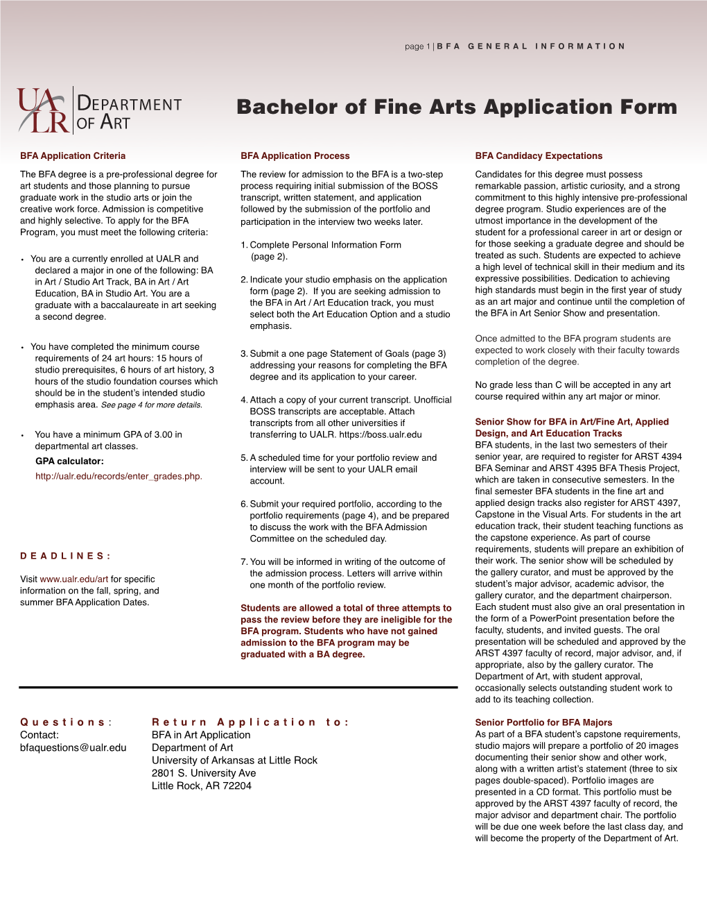 Bachelor of Fine Arts Application Form