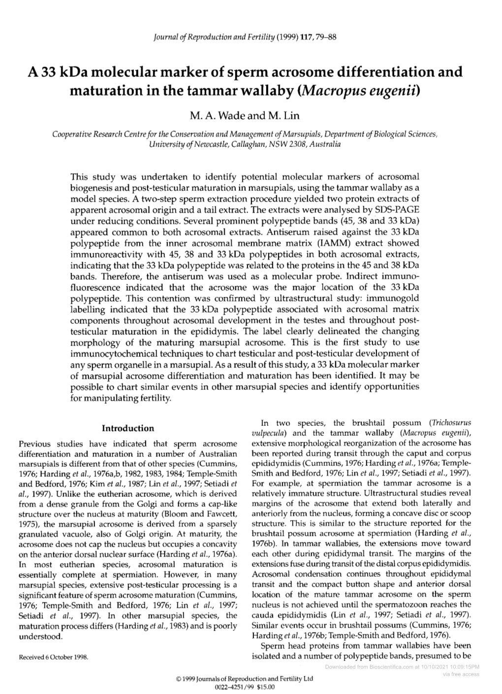 Maturation in the Tammar Wallaby (Macropus Eugenii) M