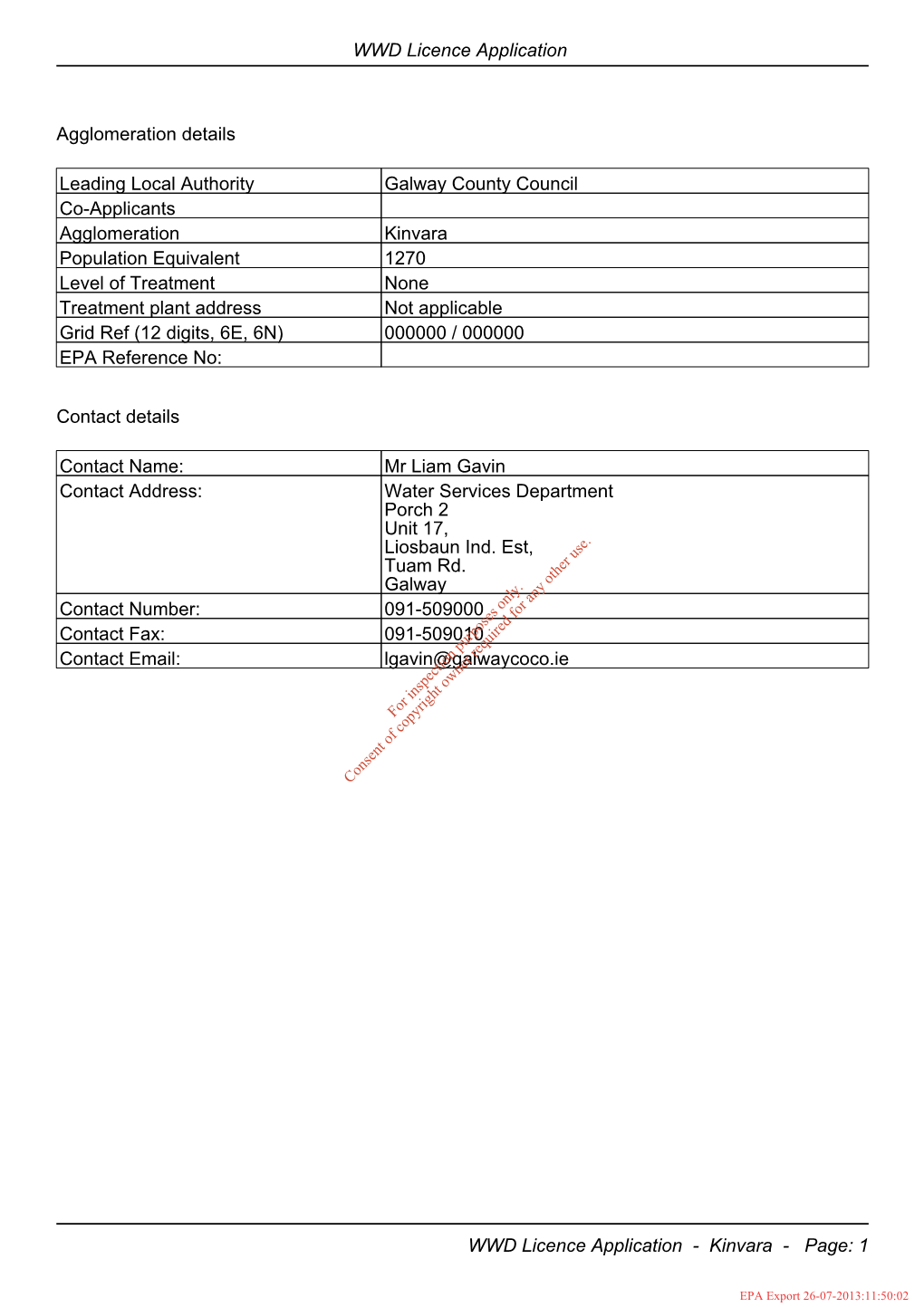 Waste Water Discharge Licence Application