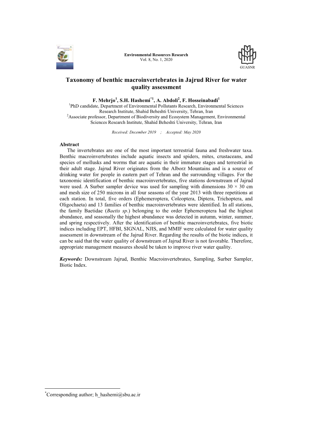 Taxonomy of Benthic Macroinvertebrates in Jajrud River for Water Quality Assessment