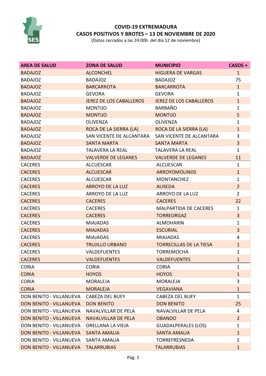 COVID-19 EXTREMADURA CASOS POSITIVOS Y BROTES – 13 DE NOVIEMBRE DE 2020 (Datos Cerrados a Las 24:00H
