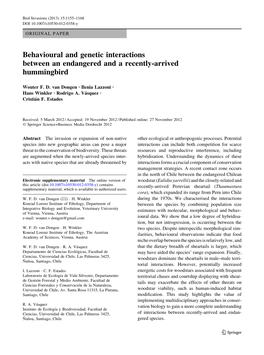 Behavioural and Genetic Interactions Between an Endangered and a Recently-Arrived Hummingbird