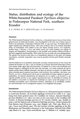 Status, Distribution and Ecology of the White-Breasted Parakeet Pyrrhura Albipectus in Podocarpus National Park, Southern Ecuador