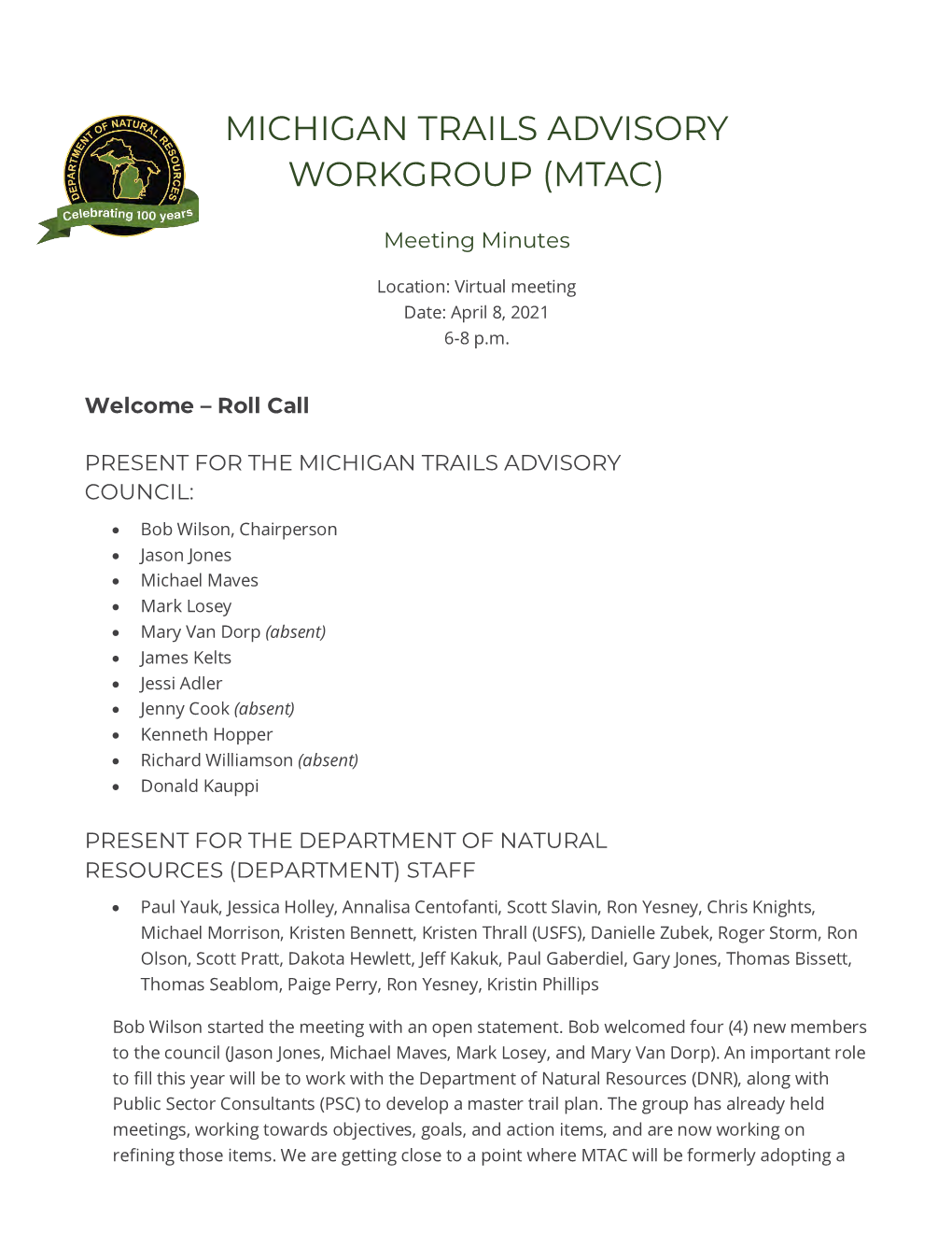 Michigan Trails Advisory Workgroup (Mtac)