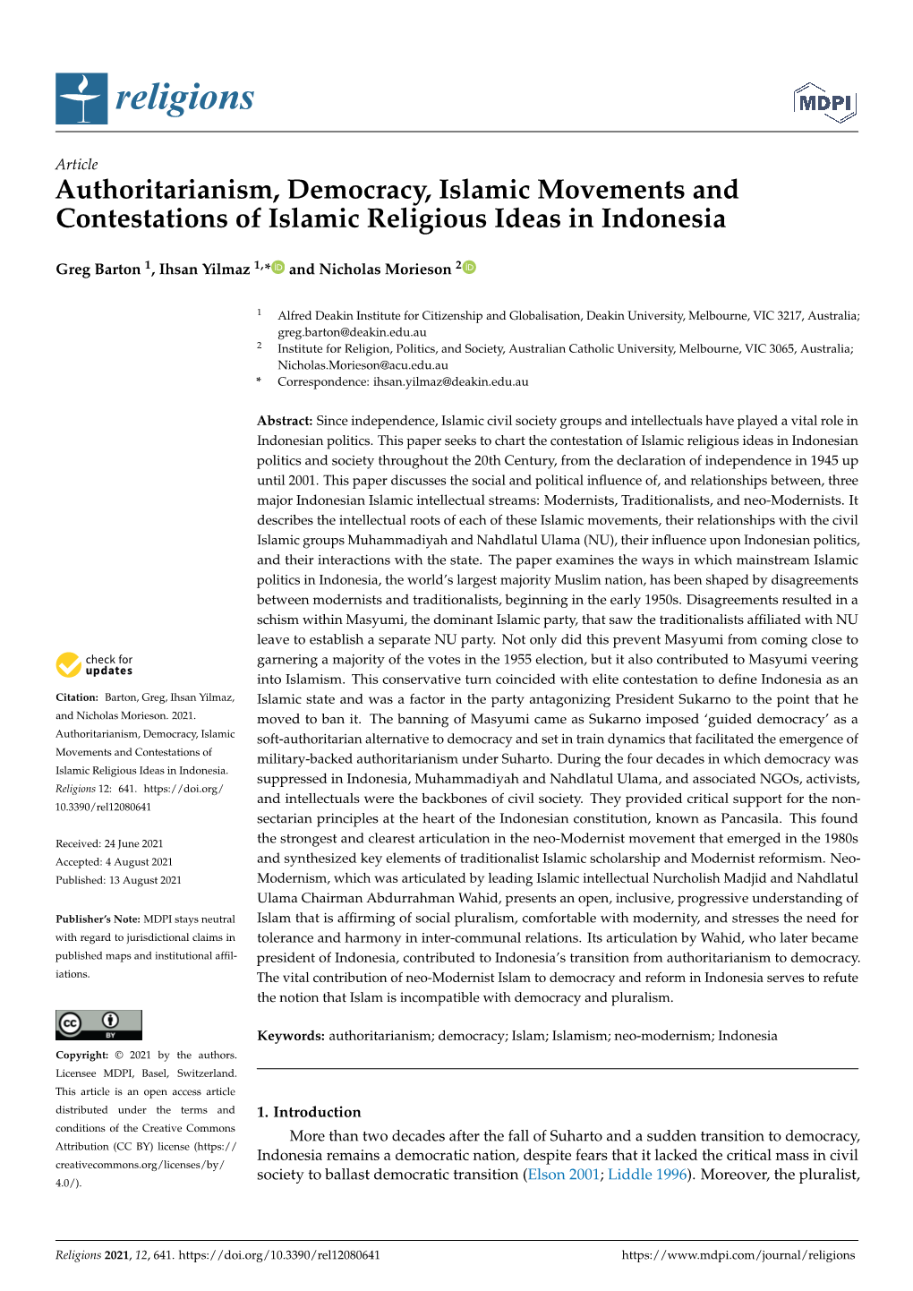 Authoritarianism, Democracy, Islamic Movements and Contestations of Islamic Religious Ideas in Indonesia
