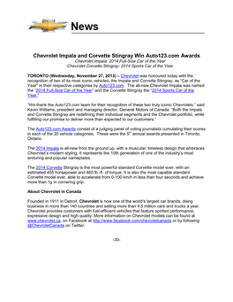 Chevrolet Impala and Corvette Stingray Win Auto123.Com Awards