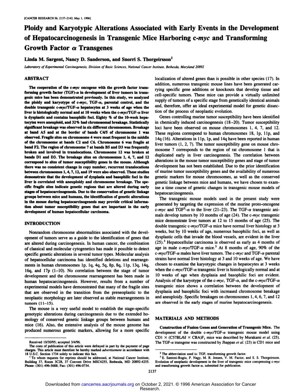 Ploidy and Karyotypic Alterations Associated with Early Events in the Development of Hepatocarcinogenesis in Transgenic Mice