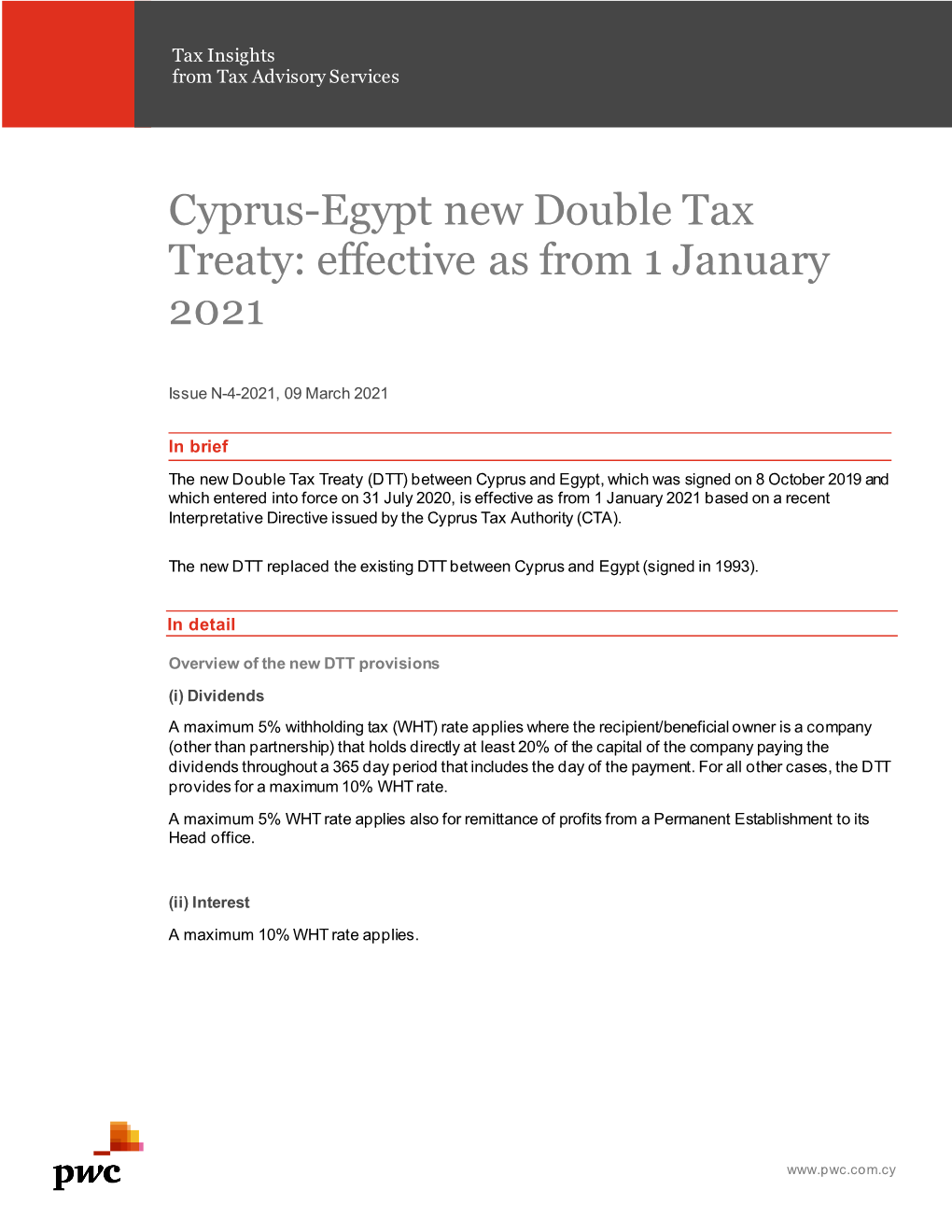 Cyprus-Egypt New Double Tax Treaty: Effective As from 1 January 2021