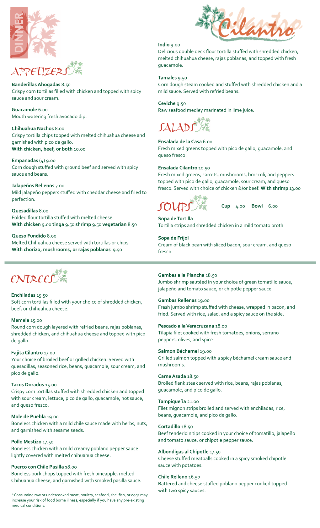 New Cilantro Dinner Menu