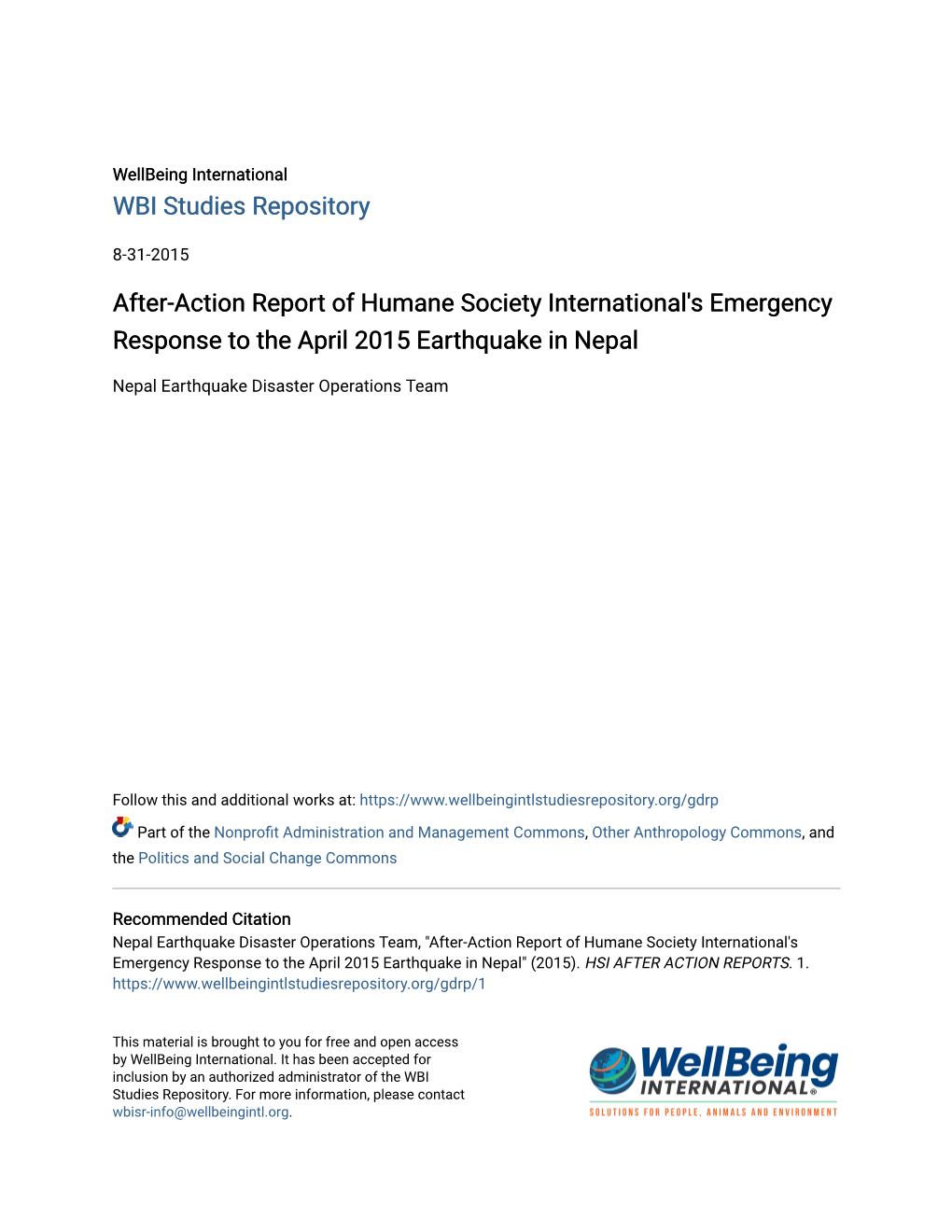 After-Action Report of Humane Society International's Emergency Response to the April 2015 Earthquake in Nepal