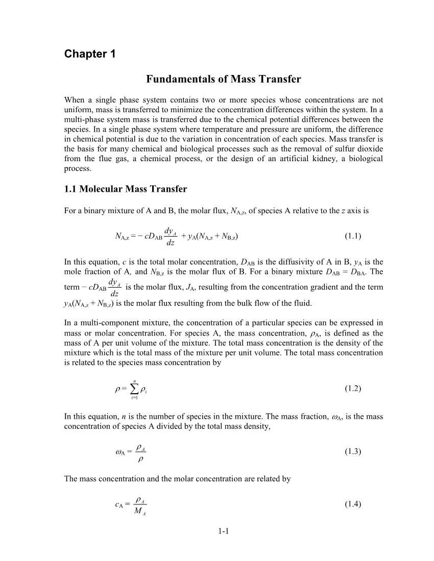 Chapter 1 Fundamentals of Mass Transfer