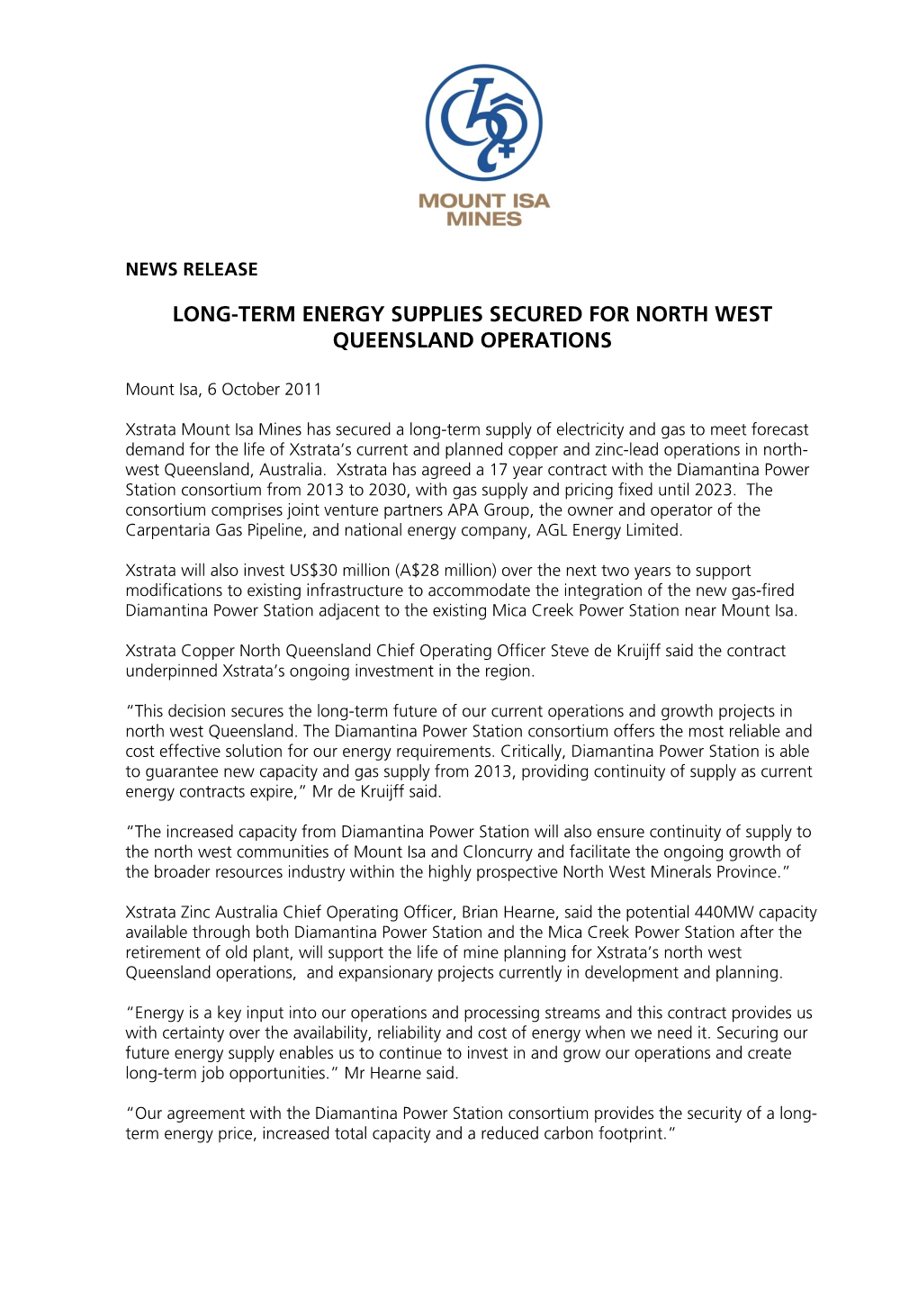 Long-Term Energy Supplies Secured for North West Queensland Operations