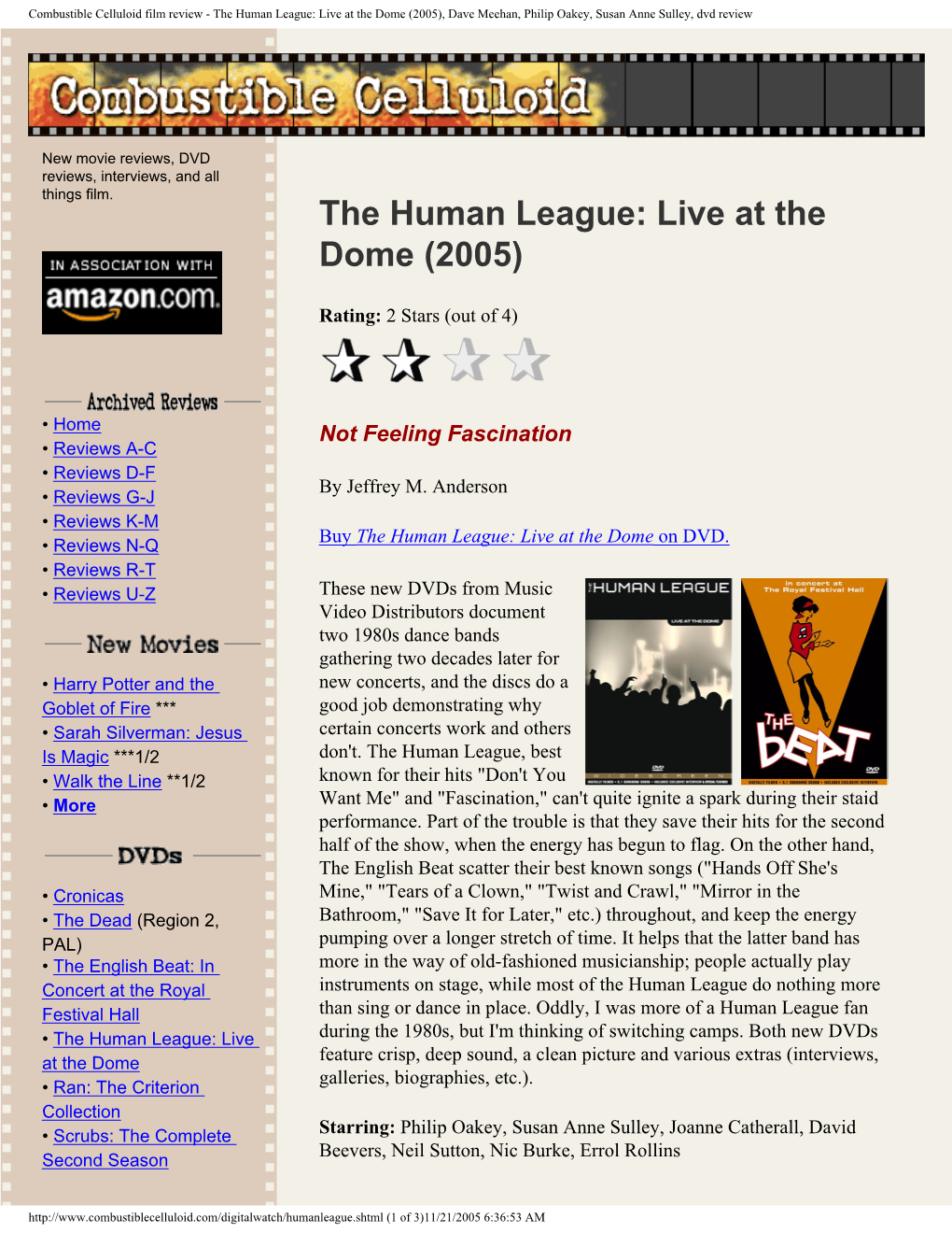 Combustible Celluloid Film Review - the Human League: Live at the Dome (2005), Dave Meehan, Philip Oakey, Susan Anne Sulley, Dvd Review
