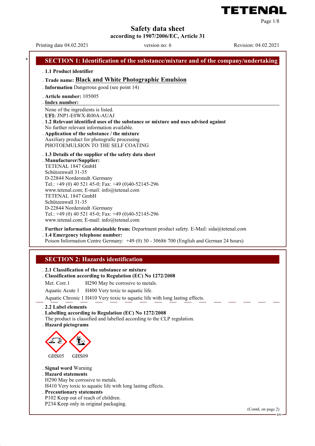 Safety Data Sheet According to 1907/2006/EC, Article 31 Printing Date 04.02.2021 Version No: 6 Revision: 04.02.2021