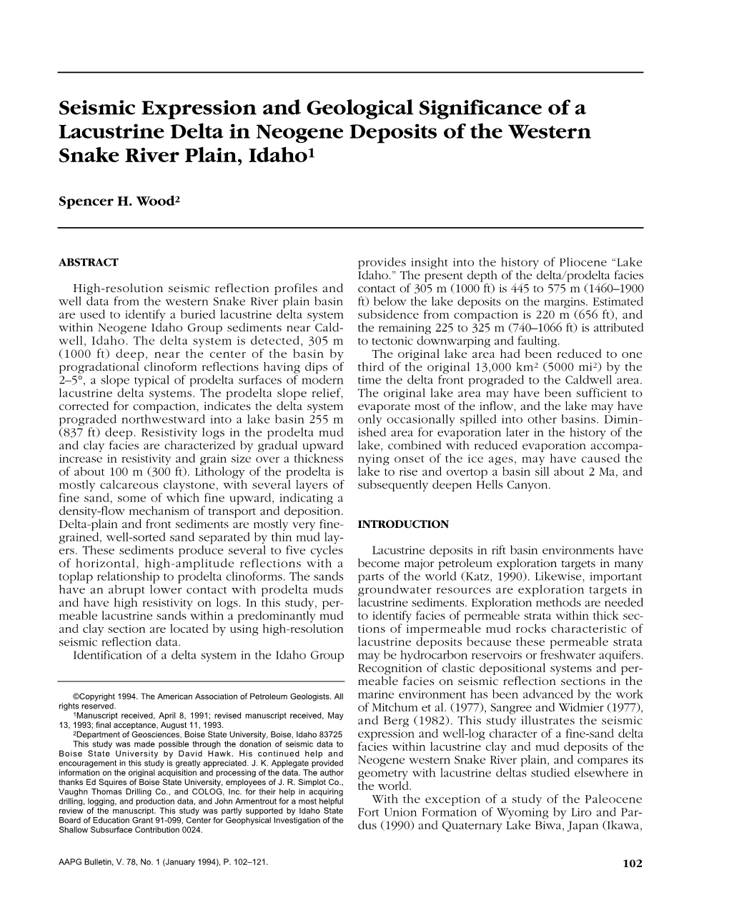 Seismic Expression and Geological Significance of a Lacustrine Delta in Neogene Deposits of the Western Snake River Plain, Idaho1