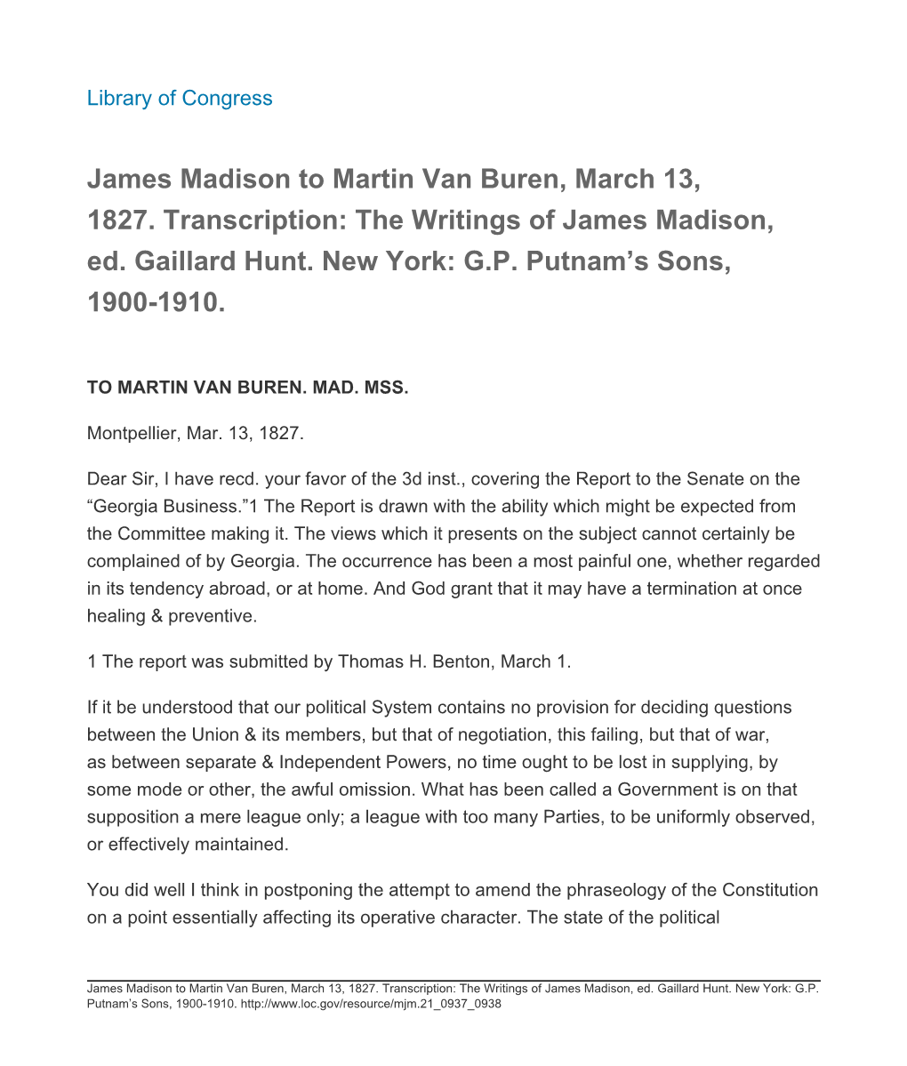 James Madison to Martin Van Buren, March 13, 1827