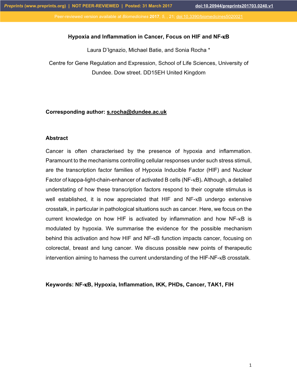 Hypoxia and Inflammation in Cancer, Focus on HIF and NF-Κb