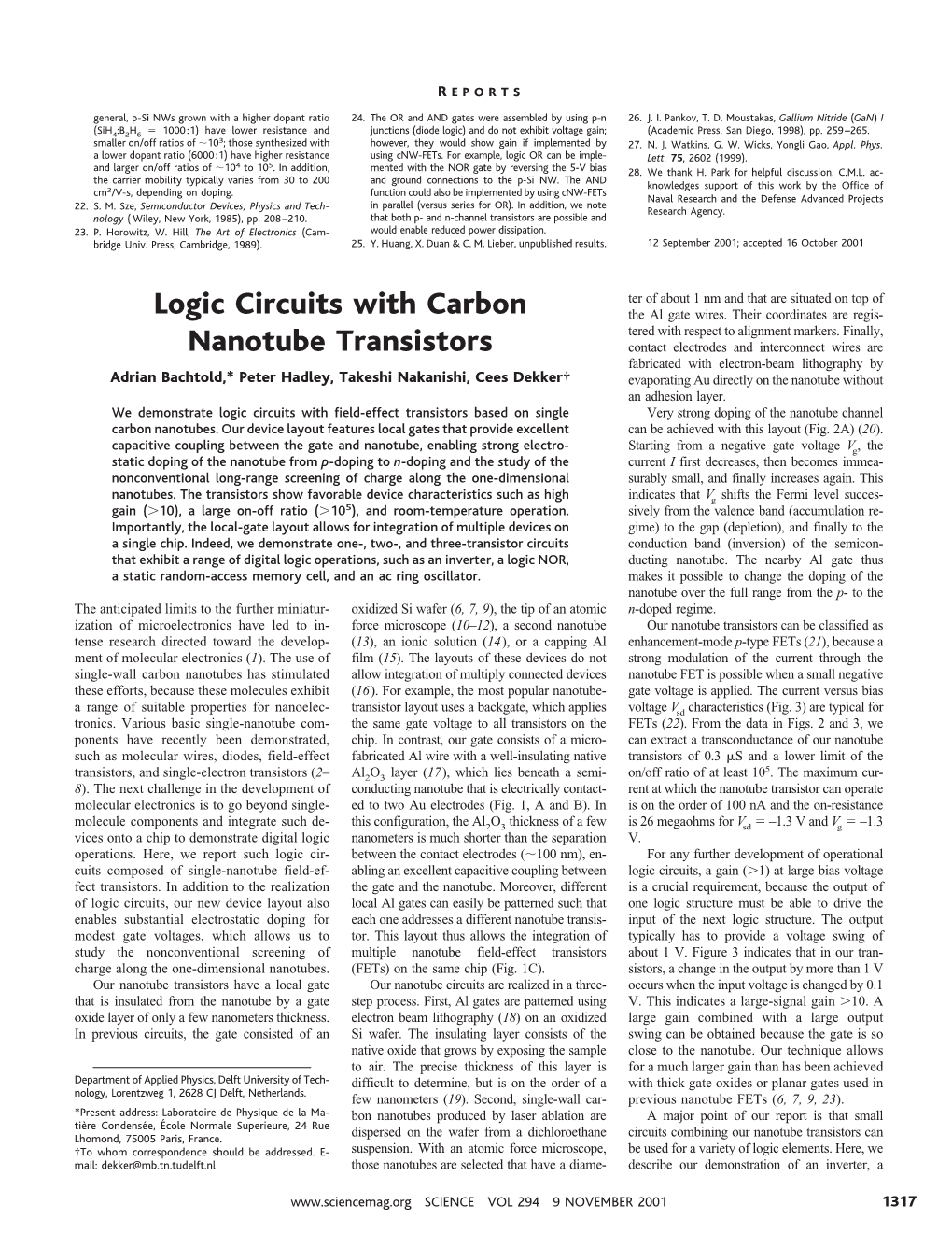 Logic Circuits with Carbon Nanotube Transistors