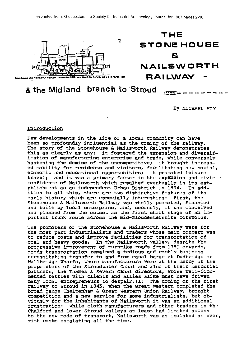 Reprinted From: Glouoestershire Society for Industrial Archaeology Journal for 1987 Pages 2-16