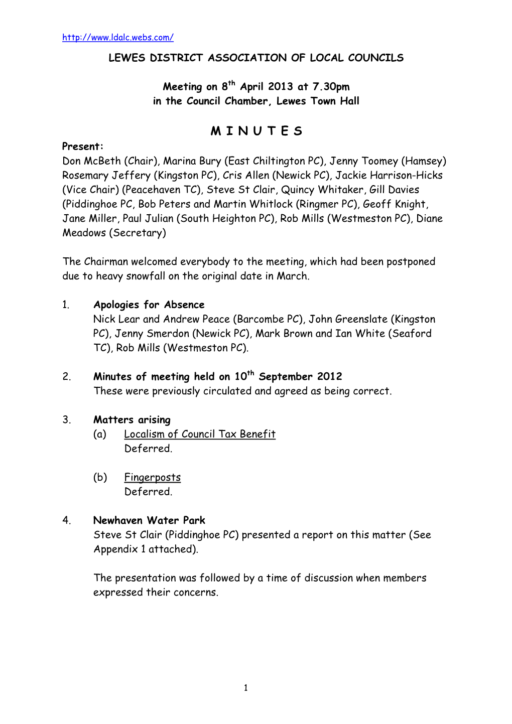 Minutes of Meeting Held on 10Th September 2012 These Were Previously Circulated and Agreed As Being Correct