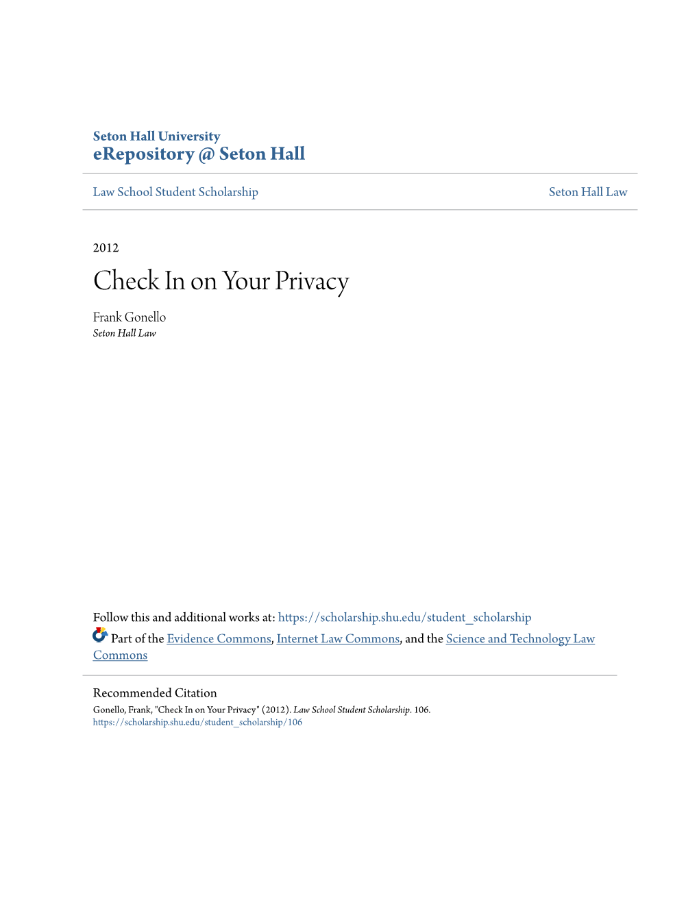 Check in on Your Privacy Frank Gonello Seton Hall Law