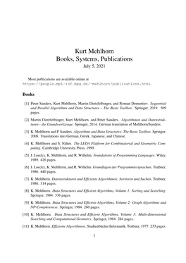 Kurt Mehlhorn Books, Systems, Publications July 5, 2021