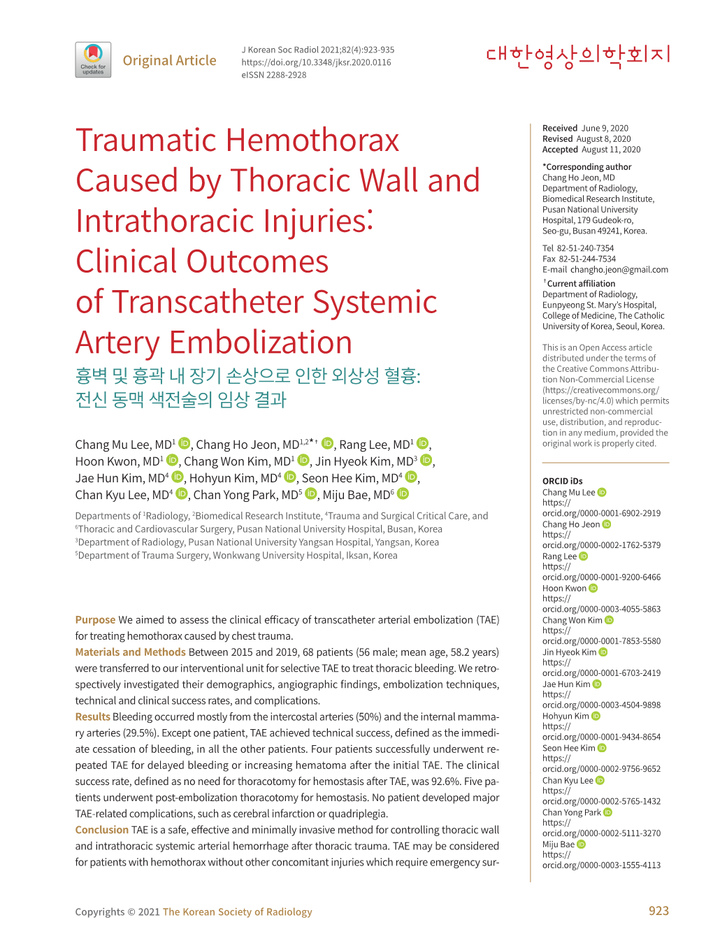 Traumatic Hemothorax Caused by Thoracic Wall and Intrathoracic