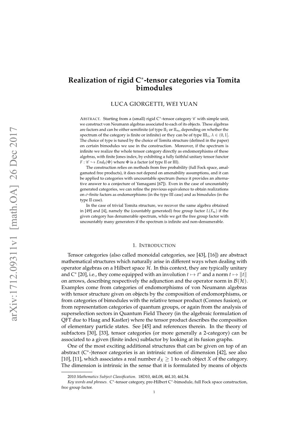 Realization of Rigid C $^* $-Tensor Categories Via Tomita Bimodules
