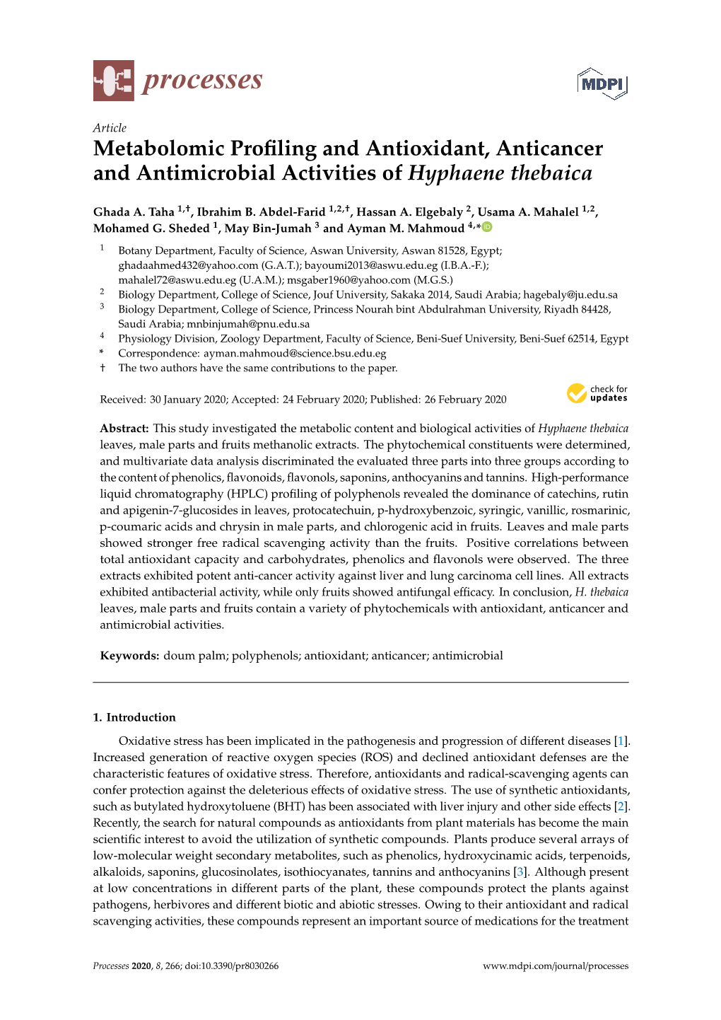 Metabolomic Profiling and Antioxidant, Anticancer And