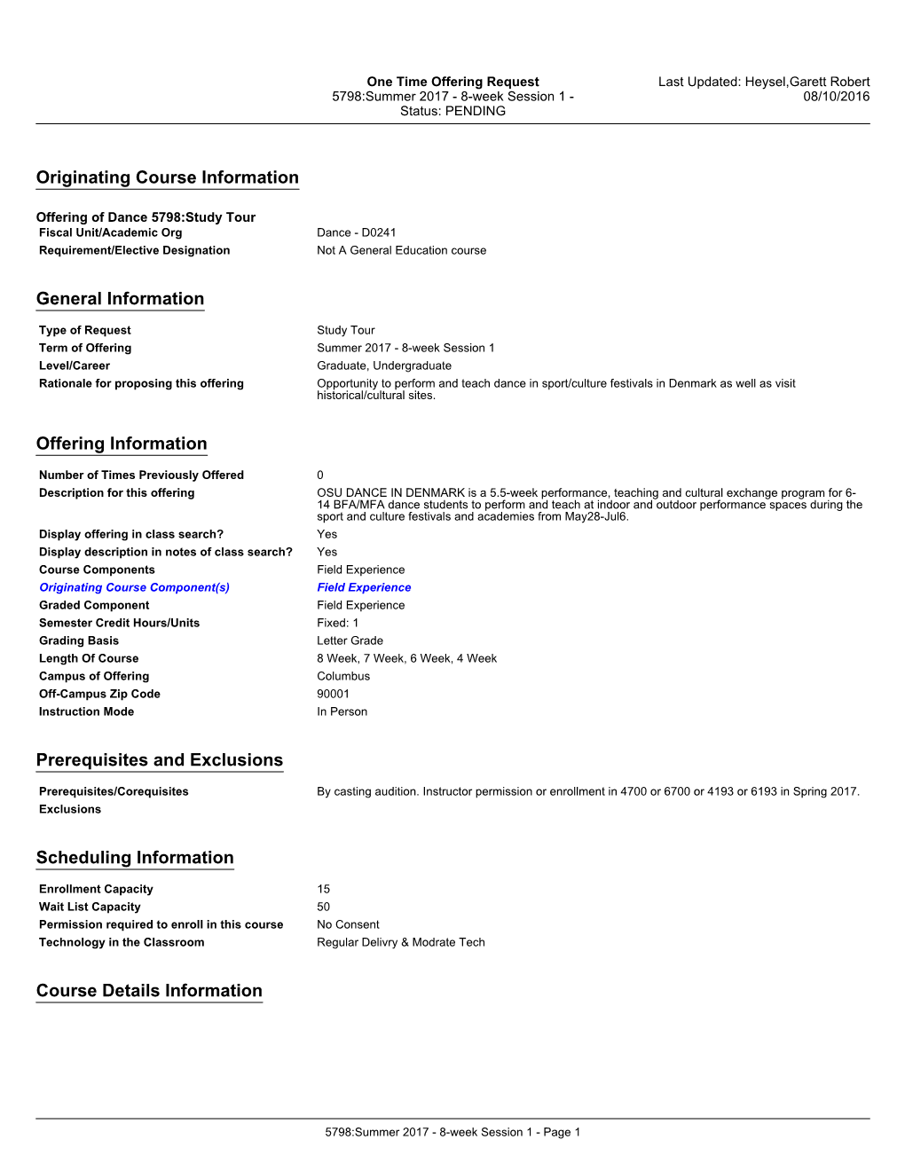 Originating Course Information General Information Offering