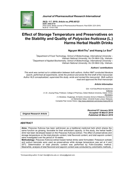 Effect of Storage Temperature and Preservatives on the Stability and Quality of Polyscias Fruticosa (L.) Harms Herbal Health Drinks