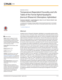 Temperature-Dependent Fecundity and Life Table of the Fennel Aphid Hyadaphis Foeniculi (Passerini) (Hemiptera: Aphididae)