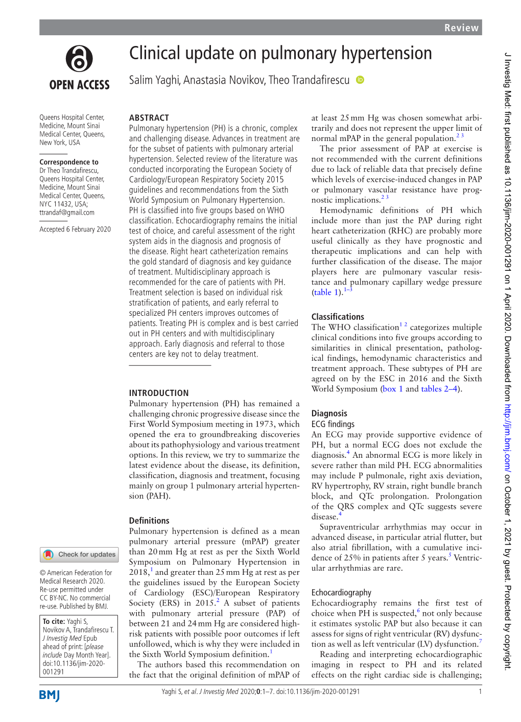 Clinical Update on Pulmonary Hypertension J Investig Med: First Published As 10.1136/Jim-2020-001291 on 1 April 2020