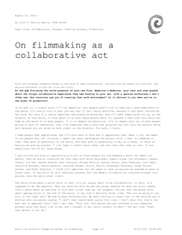 On Filmmaking As a Collaborative Act