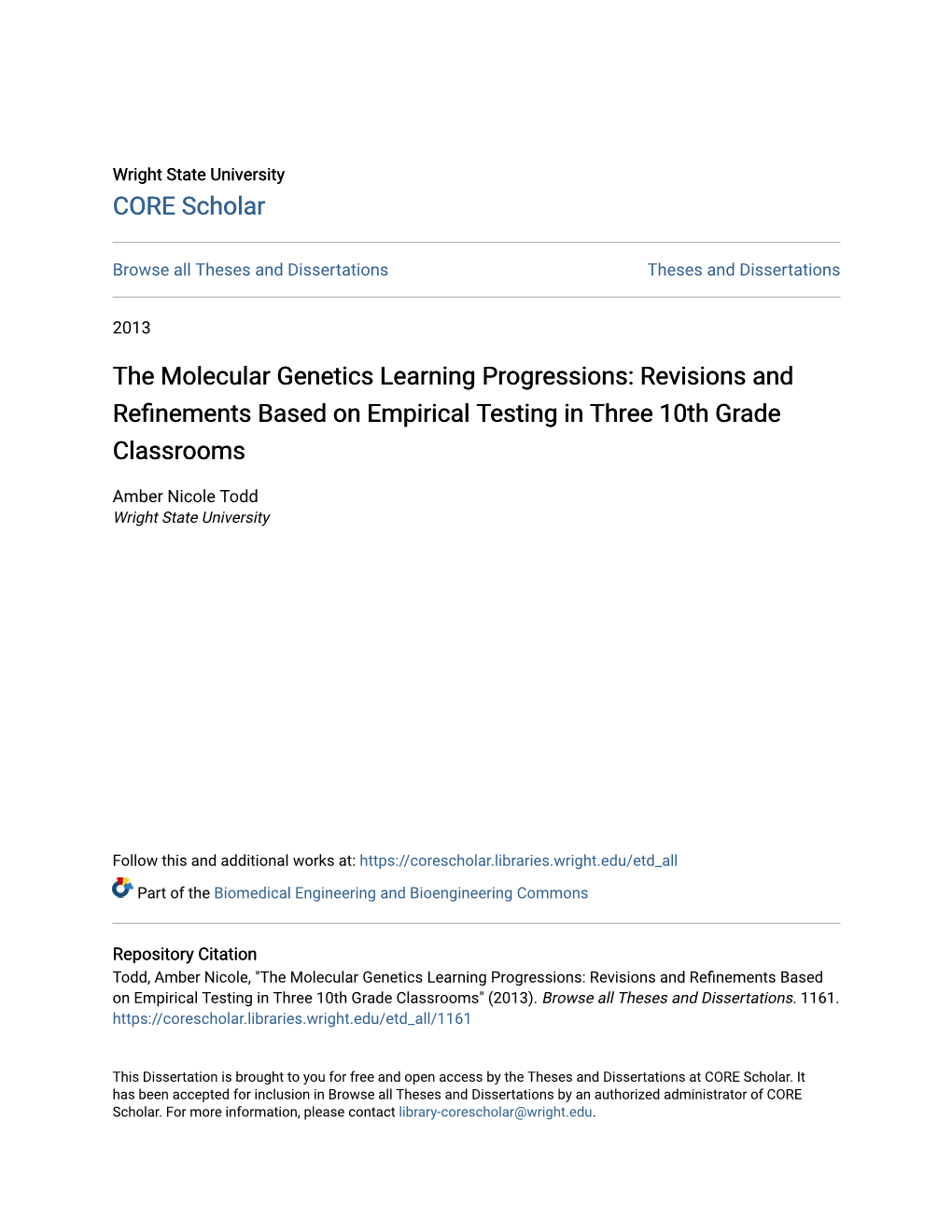 The Molecular Genetics Learning Progressions: Revisions and Refinements Based on Empirical Estingt in Three 10Th Grade Classrooms