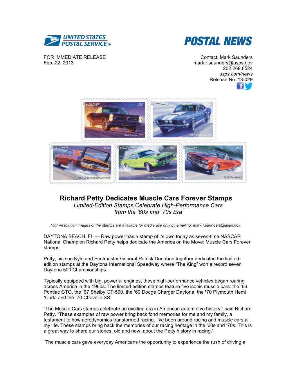 Richard Petty Dedicates Muscle Cars Forever Stamps Limited-Edition Stamps Celebrate High-Performance Cars from the ’60S and ’70S Era