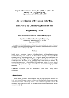 An Investigation of Evergreen Solar Inc. Bankruptcy By