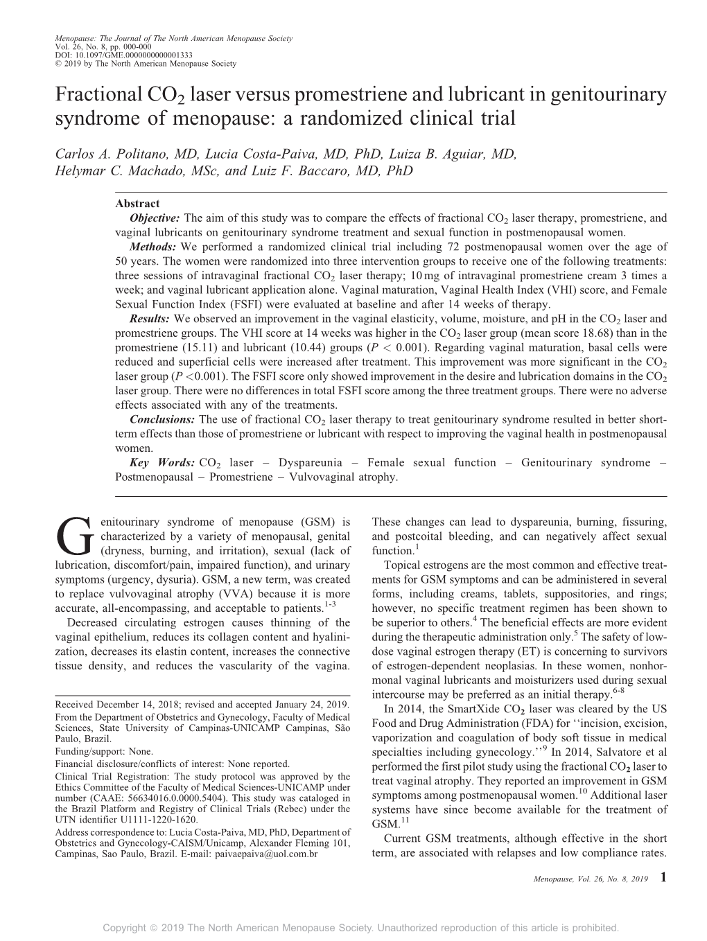 Fractional CO2 Laser Versus Promestriene and Lubricant in Genitourinary Syndrome of Menopause: a Randomized Clinical Trial