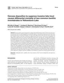 Carcass Deposition to Suppress Invasive Lake Trout Causes Differential Mortality of Two Common Benthic Invertebrates in Yellowstone Lake