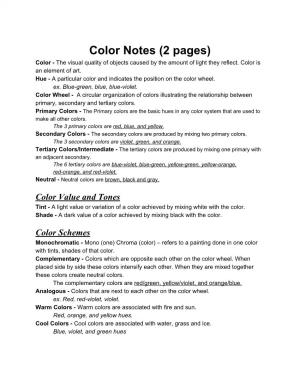 Color Notes (2 Pages) Color - the Visual Quality of Objects Caused by the Amount of Light They Reflect