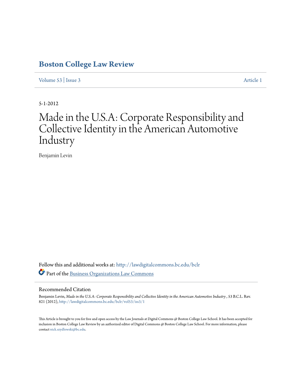 Corporate Responsibility and Collective Identity in the American Automotive Industry Benjamin Levin