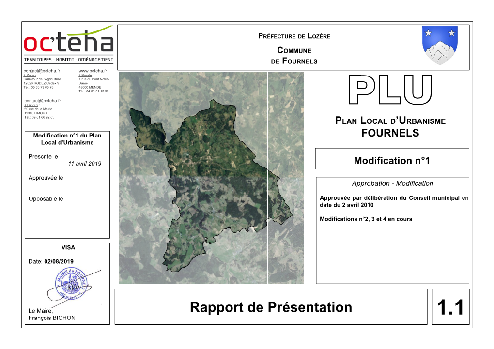 Rapport De Présentation François BICHON 1.1 PLU De Fournels - Modification N°1 Rapport De Présentation  Sommaire