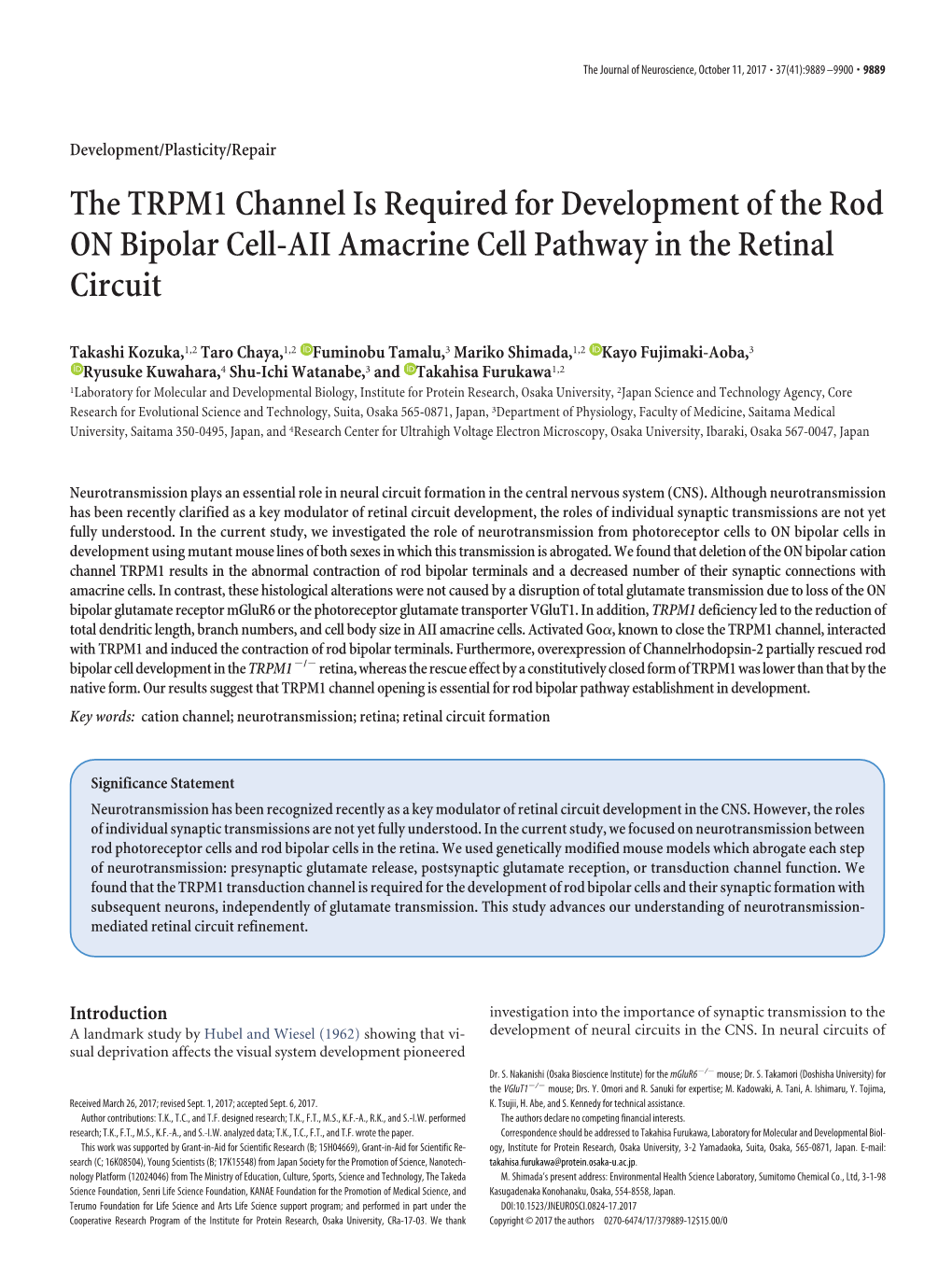 The TRPM1 Channel Is Required for Development of the Rod on Bipolar Cell-AII Amacrine Cell Pathway in the Retinal Circuit