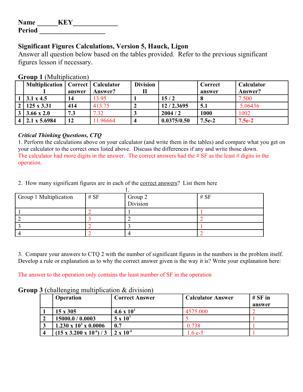 Significant Figures Calculations, Version 1