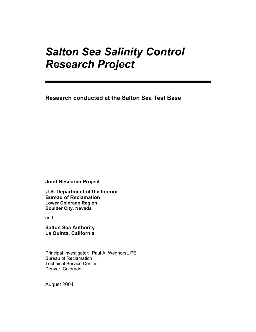 Salton Sea Salinity Control Research Project Report