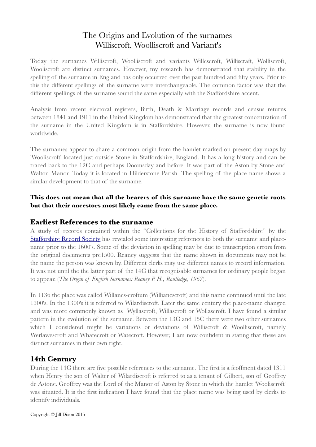 The Origins and Evolution of the Surnames Williscroft, Woolliscroft and Variant's